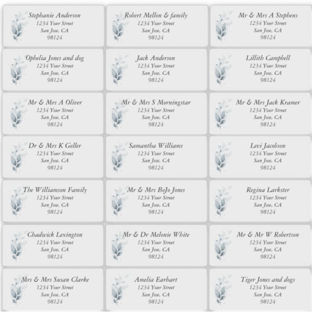 Rustic Blue Leafy Guest Name Address Labels  (Front)