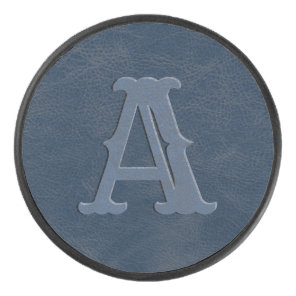 Rustic Blue Leather Texture Monogram Initial Hockey Puck