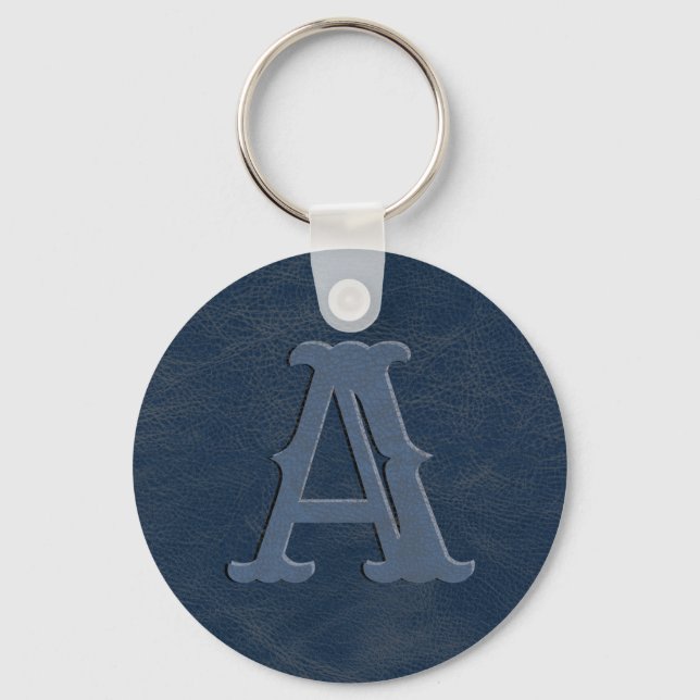 Rustic Blue Leather Texture Monogram Initial Keychain (Front)