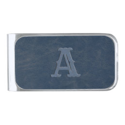 Rustic Blue Leather Texture Monogram Initial Silver Finish Money Clip