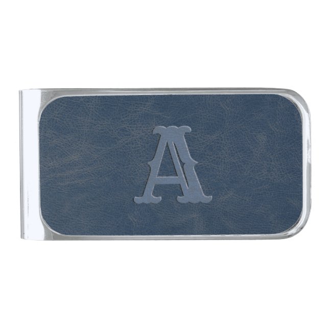 Rustic Blue Leather Texture Monogram Initial Silver Finish Money Clip (Front)