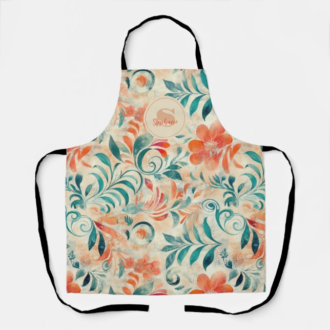 Rustic Blue Leaves and Red-Orange Floral Pattern Apron (Front)