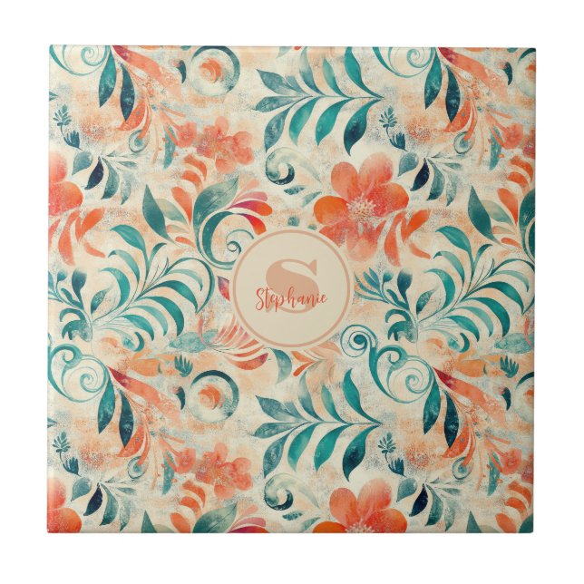 Rustic Blue Leaves and Red-Orange Floral Pattern Ceramic Tile (Front)