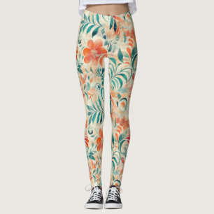 Rustic Blue Leaves and Red-Orange Floral Pattern Leggings