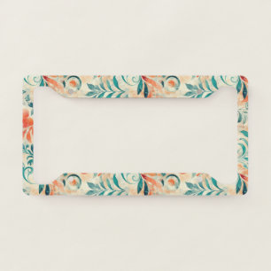 Rustic Blue Leaves and Red-Orange Floral Pattern License Plate Frame