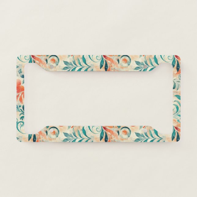 Rustic Blue Leaves and Red-Orange Floral Pattern License Plate Frame (Front)