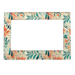 Rustic Blue Leaves and Red-Orange Floral Pattern Magnetic Frame