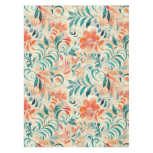 Rustic Blue Leaves and Red-Orange Floral Pattern Tablecloth