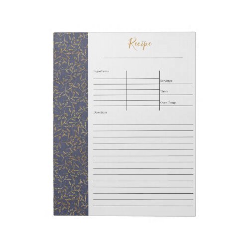 Rustic Blue Linen and Gold Leaf Blank Recipe Notepad