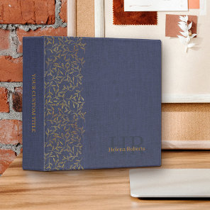 Rustic Blue Linen Elegant Gold Leaf Monogrammed 3 Ring Binder