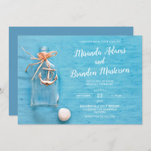 Rustic Blue, Little Flask, Anchor, Beach Wedding Invitation
