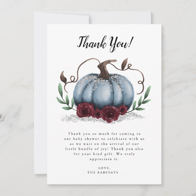 Rustic Blue Little Pumpkin Baby Shower Thank You Card (Front)
