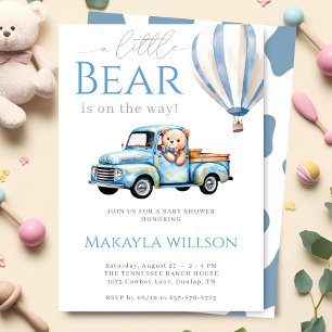 Rustic Blue Little Teddy Bear Truck Baby Shower Invitation