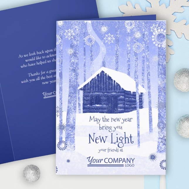Rustic Blue Log Cabin Company Holiday Card (blue logo company holiday greeting cards, blue Christmas cards, trees forest cabin in the snow)