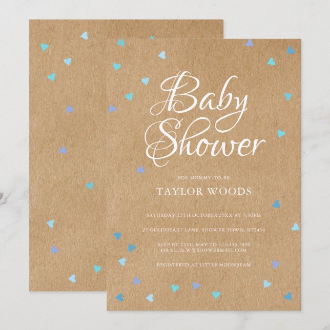 Rustic Blue Love Hearts Baby Boy Shower/Sprinkle Invitation (Front/Back)