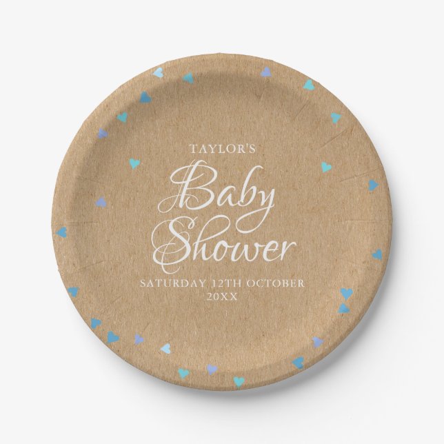 Rustic Blue Love Hearts Baby Boy Shower / Sprinkle Paper Plates (Front)