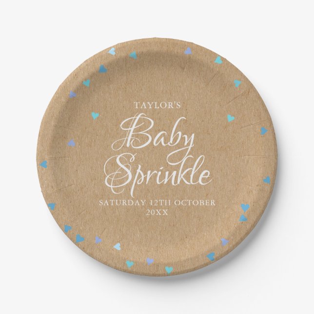 Rustic Blue Love Hearts Baby Boy Sprinkle/Shower Paper Plates (Front)