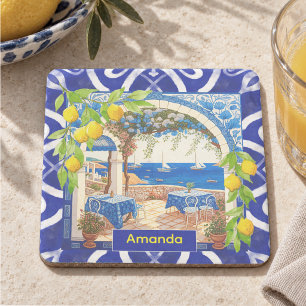 Rustic Blue Majolica Mediterranean Citrus Tiles Stone Coaster