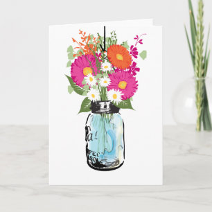 Rustic Blue Mason Jar and Gerber Daisies Blank Letterpress Thank You Card