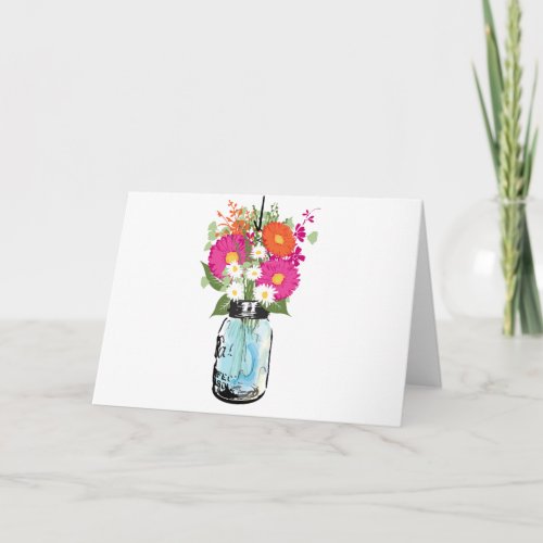 Rustic Blue Mason Jar and Gerber Daisies Blank Tha Thank You Card