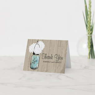 Rustic Blue Mason Jar and Hydrangeas Letterpress Thank You Card