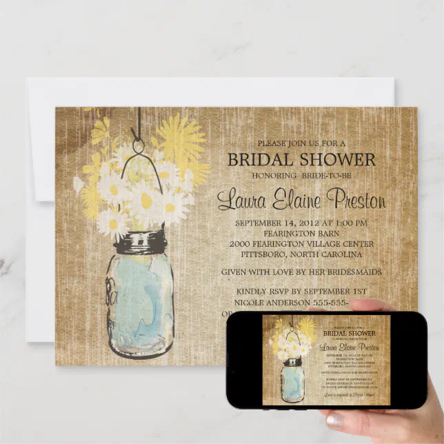 Rustic Blue Mason Jar And Wildflower Daisies Invitation Zazzle