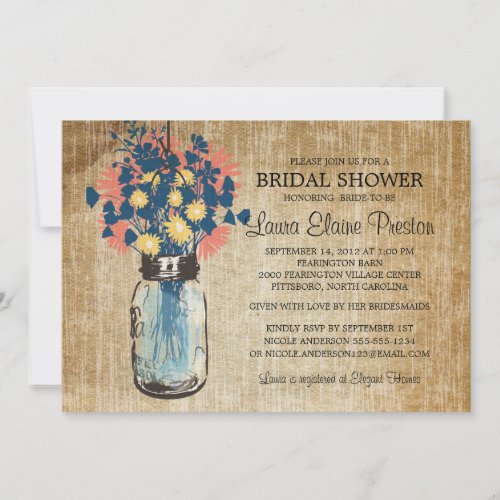 Rustic Blue Mason Jar and Wildflower Daisies Announcements