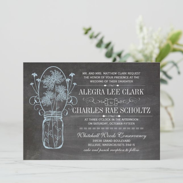 Rustic Blue Mason Jar Chalkboard Wedding Invitation (Standing Front)