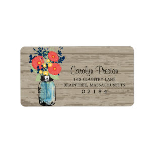 Rustic Blue Mason Jar Coral Gerber Daisies Label