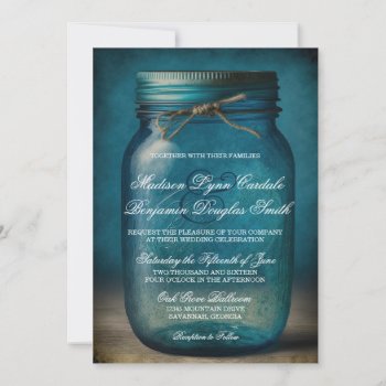 Rustic Blue Mason Jar Country Wedding Invitation by RusticCountryWedding at Zazzle