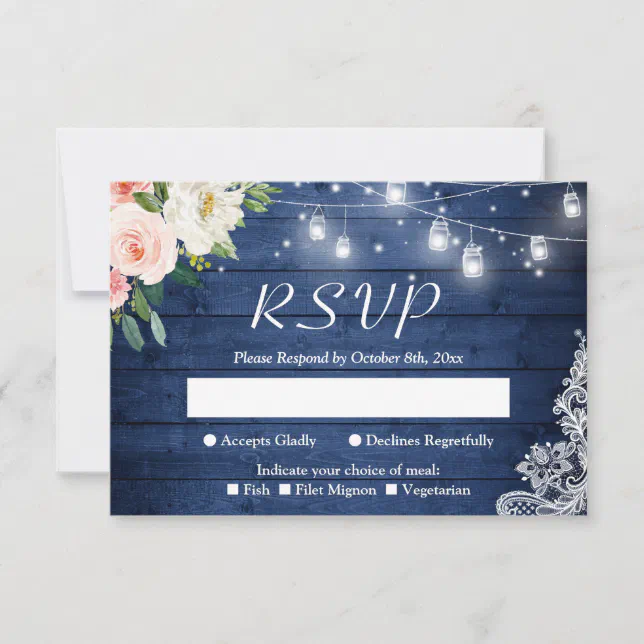 Rustic Blue Mason Jar Lights Blush Floral Wedding RSVP Card | Zazzle