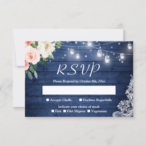 Rustic Blue Mason Jar Lights Blush Floral Wedding RSVP Card