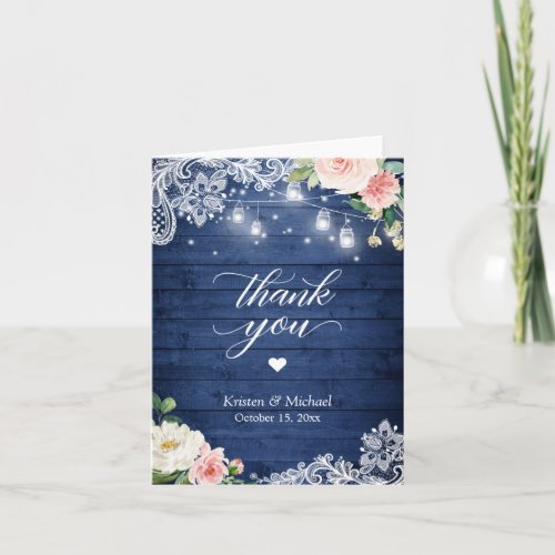 Rustic Blue Mason Jar Lights Floral Lace Wedding Thank You Card - Customize this "Rustic Blue Wood Mason Jar Lights Floral Lace Wedding Thank You Card" to express your appreciation to your guests, friends and family. It's easy to personalize to match your wedding colors, styles and theme.