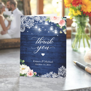 Rustic Blue Mason Jar Lights Floral Lace Wedding Thank You Card