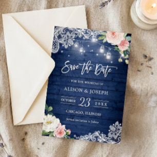 Rustic Blue Mason Jar Lights Floral Save the Date Invitation