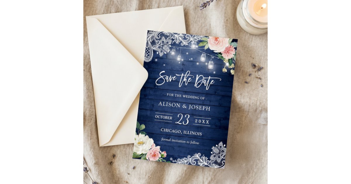 Rustic Blue Mason Jar Lights Floral Save the Date Invitation | Zazzle