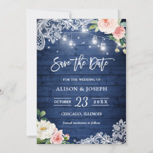 Rustic Blue Mason Jar Lights Floral Save the Date Invitation