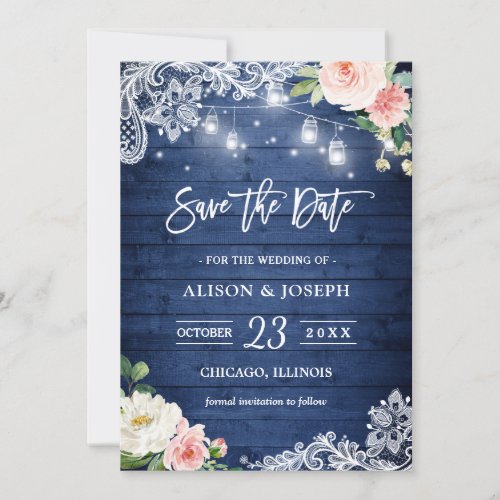 Rustic Blue Mason Jar Lights Floral Save the Date Invitation - This "Rustic Blue Mason Jar Lights Floral Lace Save the Date Card" is a great way to announce your wedding date to family and friends! You can easily customize it to be uniquely yours! 
(1) For further customization, please click the "customize further" link and use our design tool to modify this template. 
(2) If you prefer thicker papers / Matte Finish, you may consider to choose the Matte Paper Type. 
(3) If you need help or matching items, please contact me.