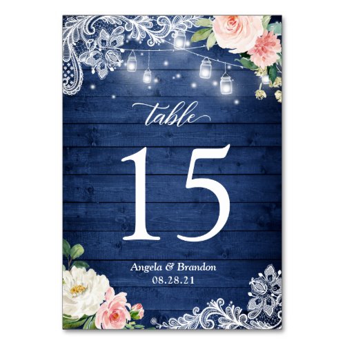 Rustic Blue Mason Jar Lights Lace Floral Wedding Table Number - Rustic Blue Mason Jar Lights Lace Floral Wedding Table Number Card. 
(1) Please customize this template one by one (e.g, from number 1 to xx) , and add each number card separately to your cart. 
(2) For further customization, please click the "customize further" link and use our design tool to modify this template. 
(3) If you need help or matching items, please contact me.