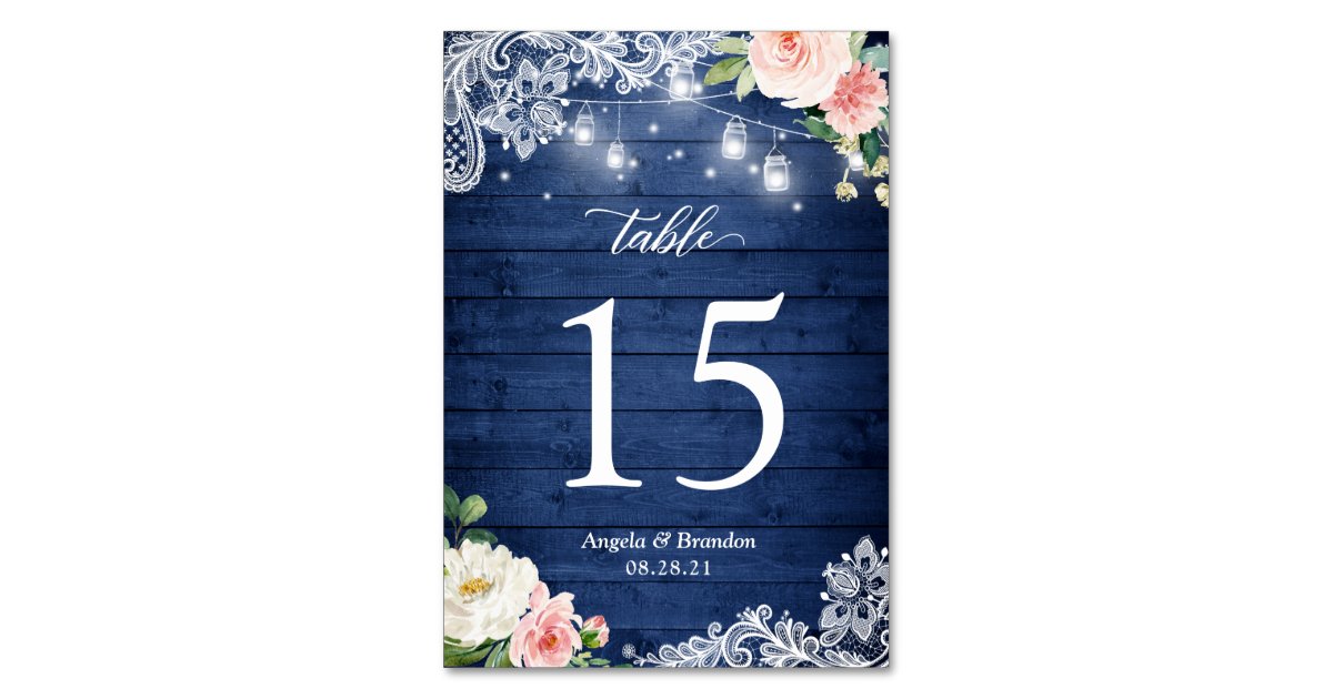 Rustic Blue Mason Jar Lights Lace Floral Wedding Table Number | Zazzle