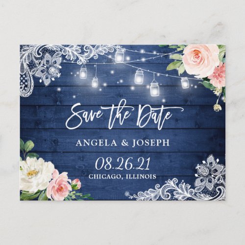 Rustic Blue Mason Jar Lights Wedding Save the Date Invitation Postcard - Rustic & Classic Blue Mason Jar Lights Lace Wedding Save the Date Postcard. 
(1) For further customization, please click the "customize further" link and use our design tool to modify this template. 
(2) If you need help or matching items, please contact me.