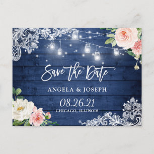 Rustic Blue Mason Jar Lights Wedding Save the Date Invitation Postcard