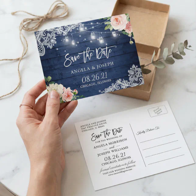 Rustic Blue Mason Jar Lights Wedding Save the Date Invitation Postcard ...