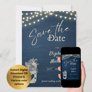 Rustic Blue Mason Jar Save the Date Digital Print Invitation