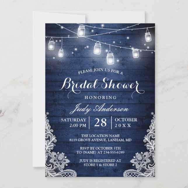 Rustic Blue Mason Jars Lights Lace Bridal Shower Invitation (Front)