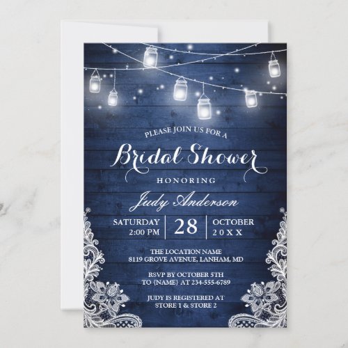 Rustic Blue Mason Jars Lights Lace Bridal Shower Invitation - Rustic Blue Wood Mason Jars Lights Lace Bridal Shower Invitation Template. 
(1) For further customization, please click the "customize further" link and use our design tool to modify this template. 
(2) If you prefer Thicker papers / Matte Finish, you may consider to choose the Matte Paper Type. 
(3) If you need help or matching items, please contact me.