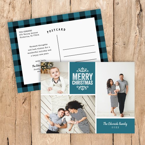 Rustic Blue Merry Christmas 3 Photo Collage Holiday Postcard