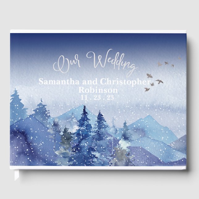 Rustic Blue Misty Pine Forest Our Wedding   Guest Book (Front)