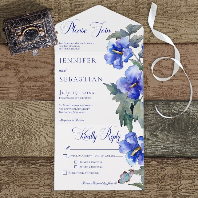 Rustic Blue Morning Glory Floral Dinner All In One Invitation (Creator Uploaded)