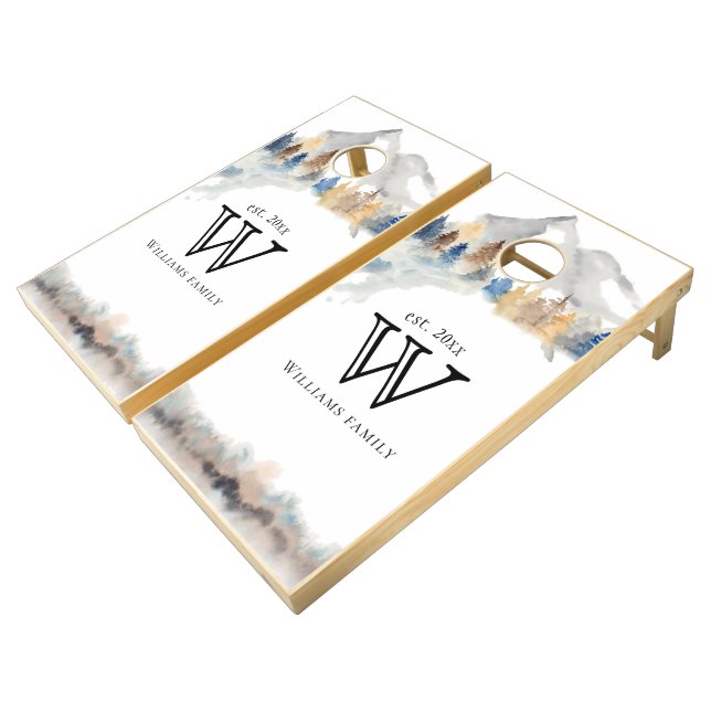 Rustic Blue Mountain Pine Forest Monogram Cornhole Set (Angled)